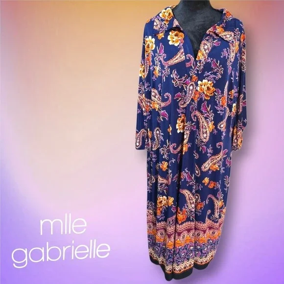Mlle Gabrielle Maxi Dress Womens 2X Paisley Floral Roll Tab Sleeve Navy Blue - Picture 1 of 8